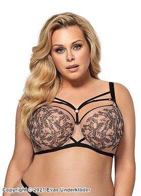 Soft cup bra, embroidery, straps over bust, rings, D to M-cup